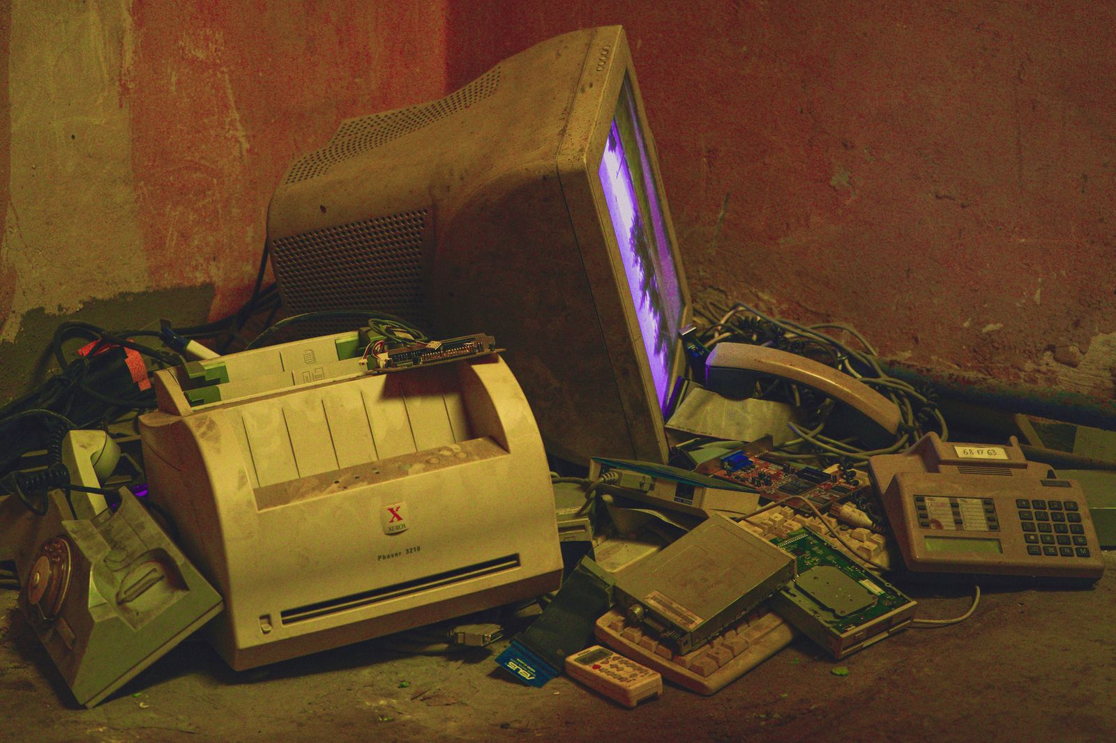 Home Pile of old computers and electronics collected for e-waste recycling in Elk Grove, CA